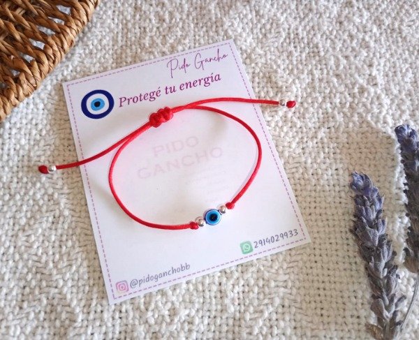 Producto - Pulsera de hilo de seda, ojo turco y bolitas de PLATA 925 de 4 mm