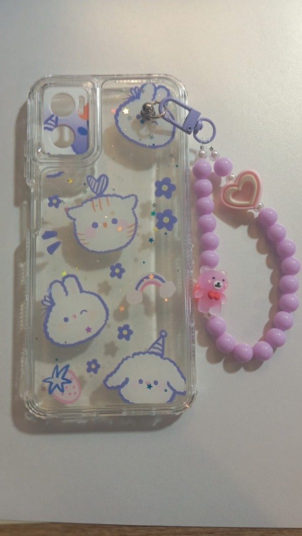 Producto - Funda Transparente Diseño Con Glitter y Cadena Conejito para Moto E22