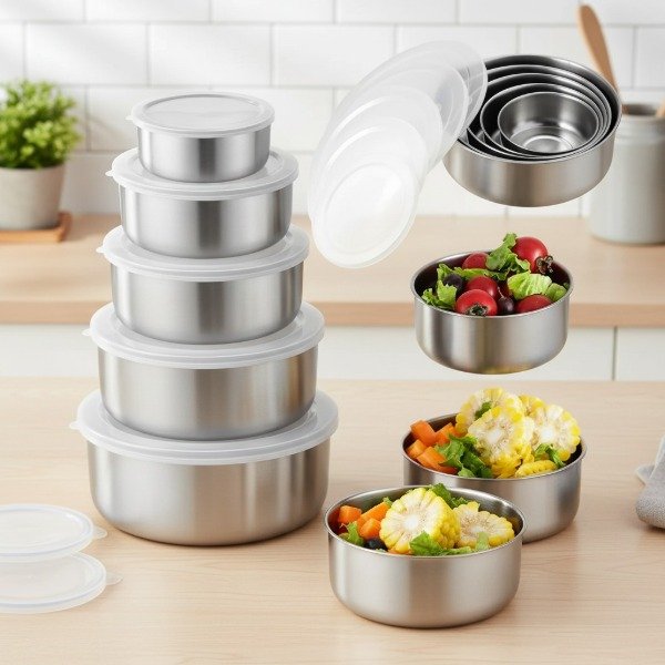 Producto - SET DE 5 RECIPIENTES DE ACERO INOX CON TAPA 18,16,14,12,10 CM