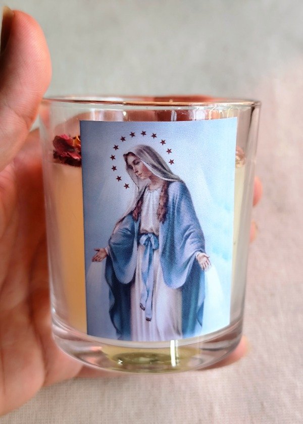 Producto - VELA VIRGEN MILAGROSA - Con cuarzo rosa, citrino y rosas. 250ml - 1