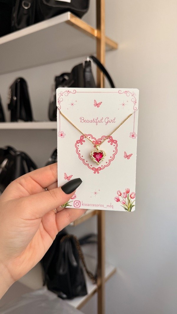 Producto - Collar con corazones rosa - Acero dorado - 2