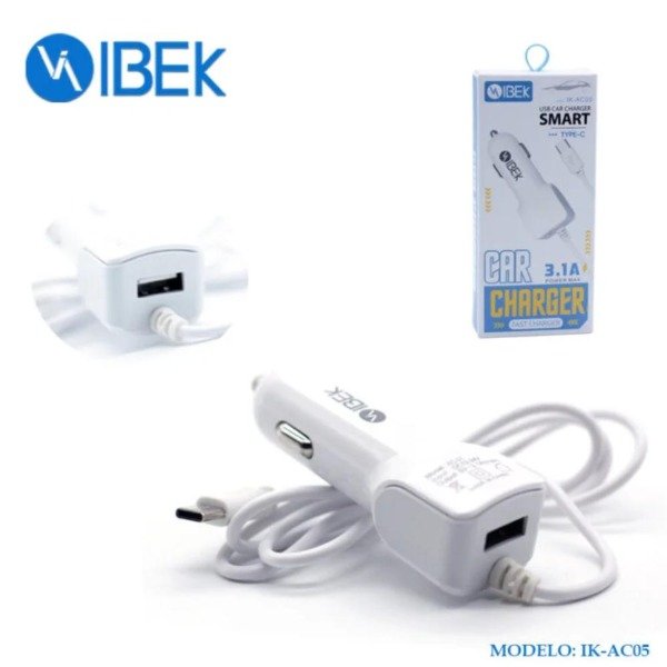 Producto - CARGADOR PARA AUTO 3.1A 1 PUERTO USB CON CABLE TYPE C IBEK IK-AC05 (mx)