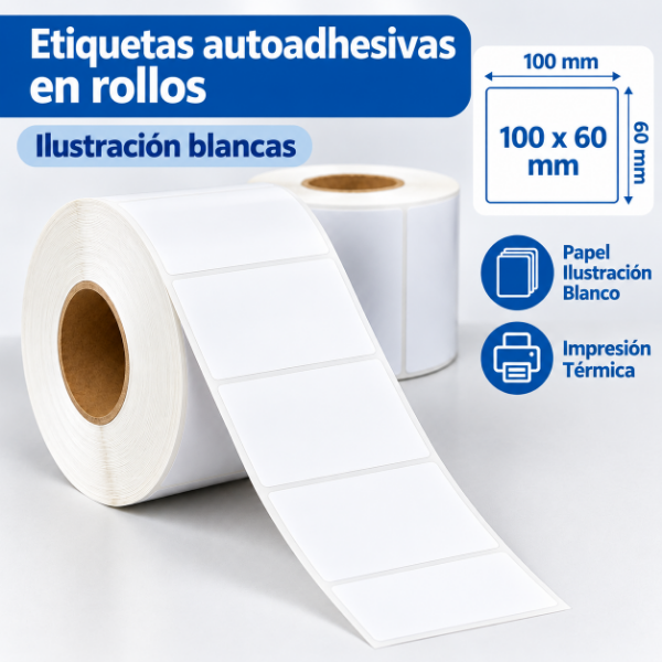Producto - Rollos Etiquetas Autoadhesivas Ilustración Blancas - 100 x 60 mm x 800 unidades