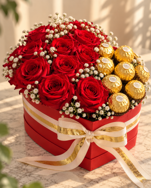Producto - CAJA CORAZON CON ROSAS Y CHOCOLATES - 0