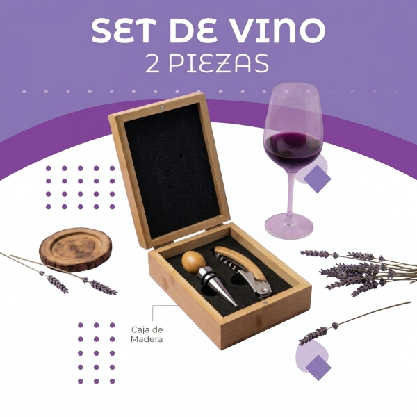 Producto - Set vino -Caja de bambú 2 piezas