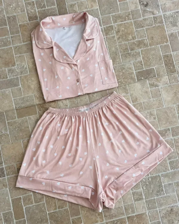 Producto - Pijama camisero corto - Rosa nude con corazones - 1