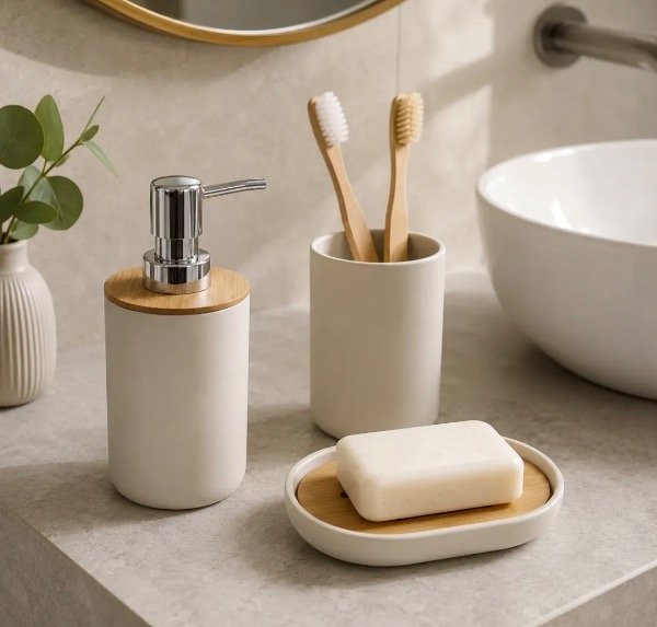 Producto - Set de accesorios baño plastico y bambu
