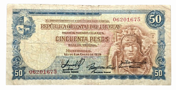 Producto - Uruguay 50 Pesos (1939) Juramento de los Trinta y Tres Pick.38 F+