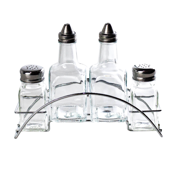 Producto - Set de 5 piezas Aceitero Vinagrero Salero Pimentero y soporte