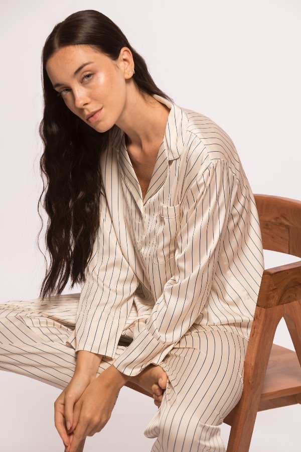 Producto - Pijama largo satén Petra rayas azul