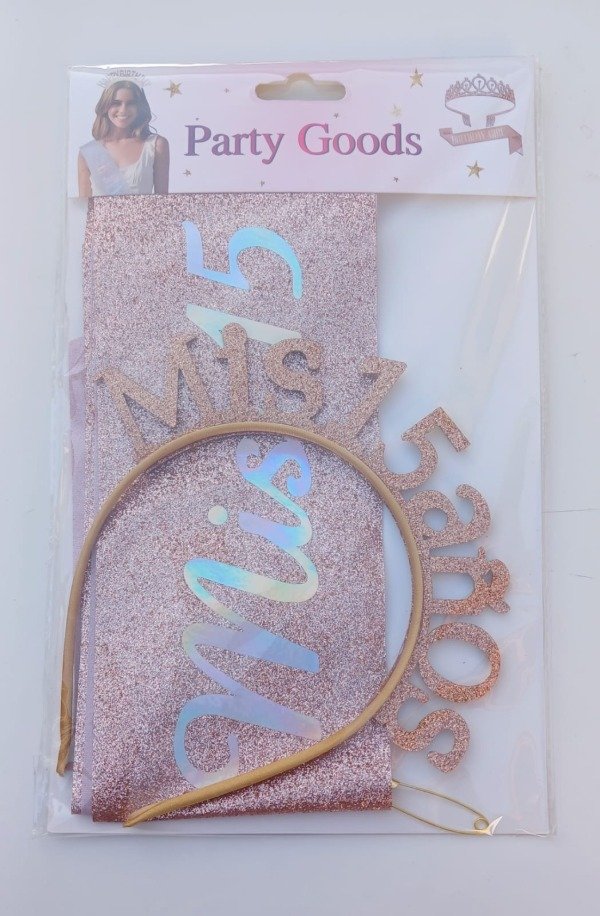 Producto - Vincha y Banda "MIS 15 AÑOS" 60cm Rosa Gold