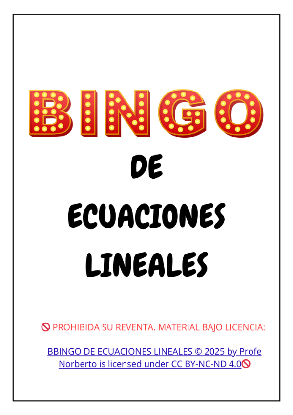 Producto - BINGO DE ECUACIONES LINEALES