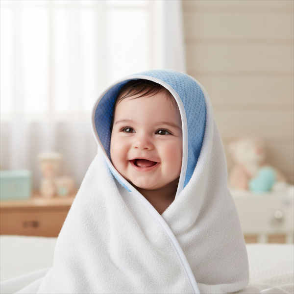 Producto - Toallón Para Bebé con Capucha Celeste  y Ribete Blanco