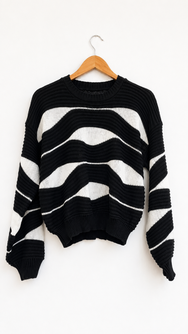 Producto - Suéter de Lana Acrílica a Rayas Onduladas Blanco y Negro