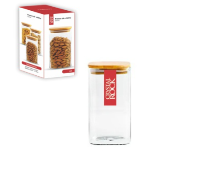 Producto - FRASCO HERMETICO CUADRADO TAPA MADERA 6x16CM 420ML