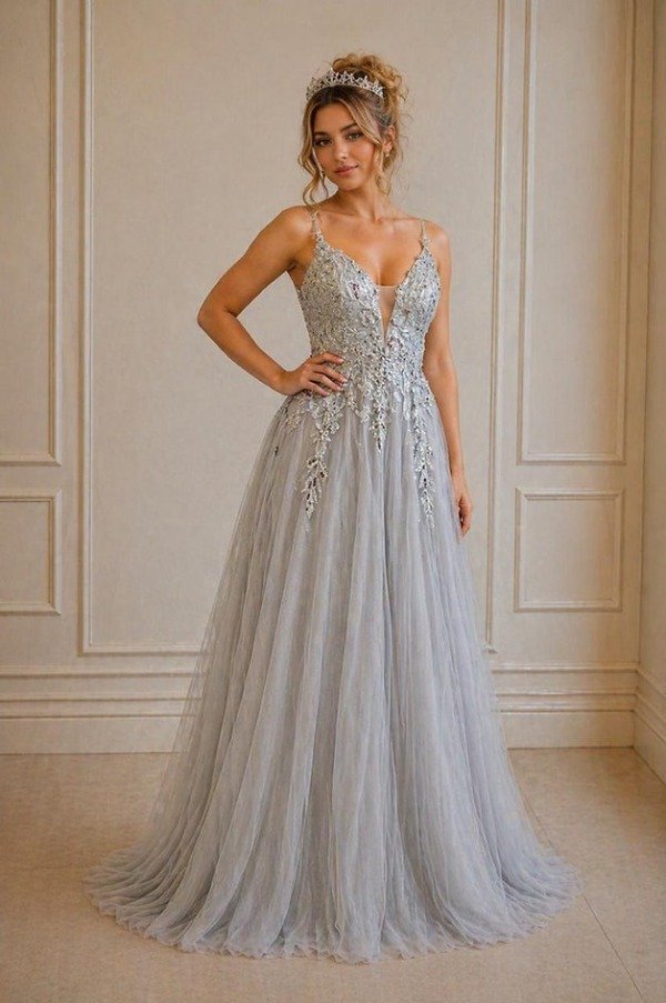 Vestido gala tul escote V solo venta online importado