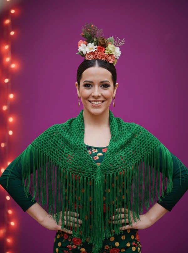 Producto - Mantoncillo Triangular Tejido Con Flecos De Seda Verde PRE VENTA