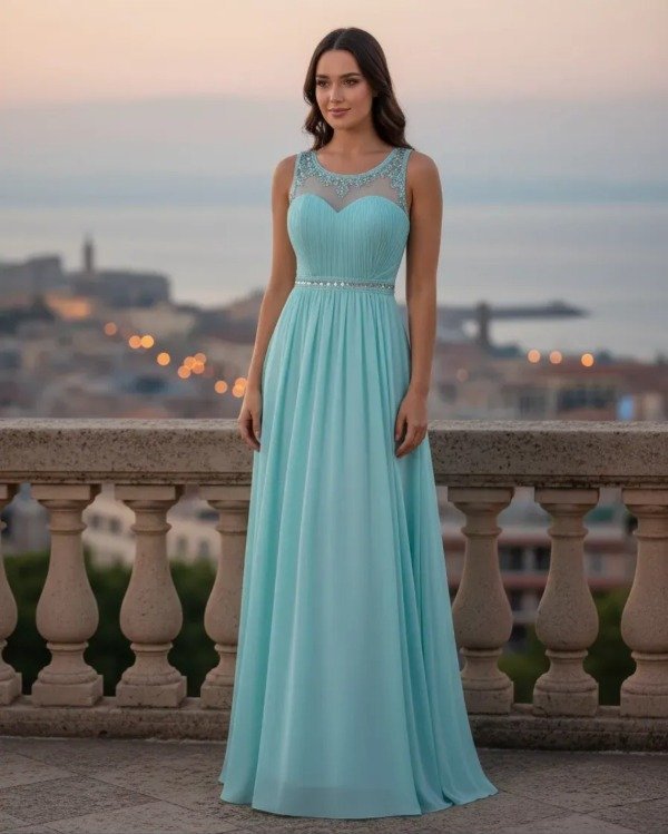 Producto - Vestido largo pedrería color acqua delicado