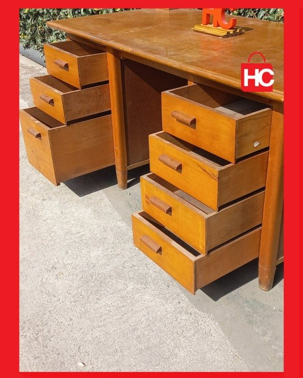 Producto - Gran escritorio de oficina vintage en madera con doble cajonera - 9