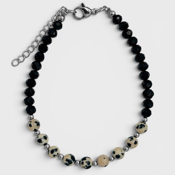 Producto - Pulsera de cristal checo y piedras naturales - 4mm - Jaspe dálmata