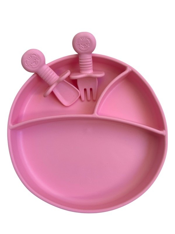 Producto - Plato y cubierto de silicona rosa