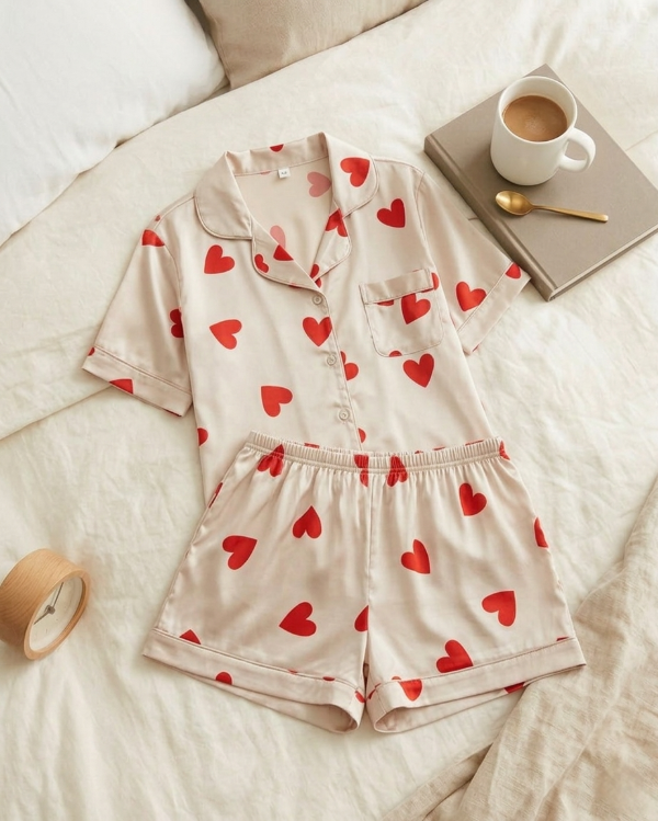 Producto - Pijama camisero crema con corazones