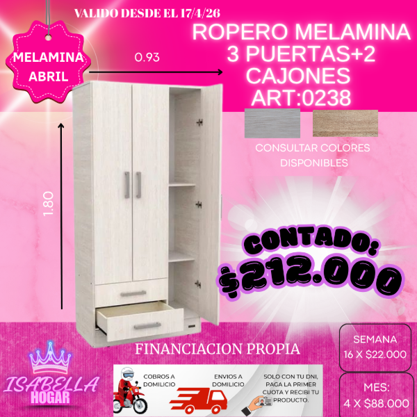 Producto - ROPERO MELAMINA 3 PUERTAS+2CAJONES
