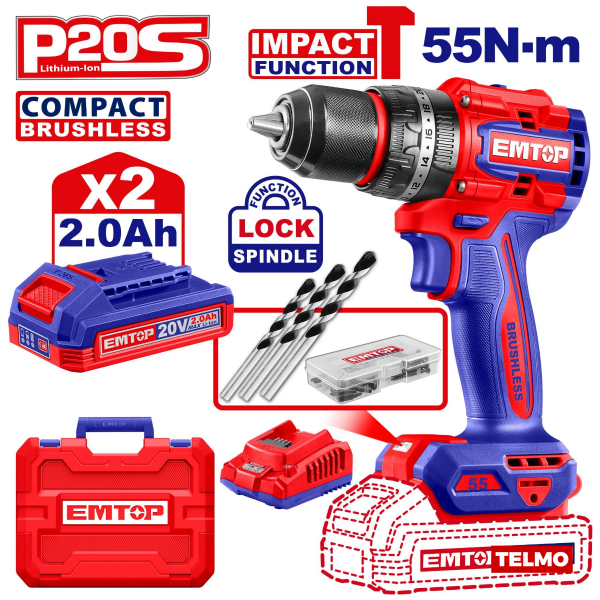 Producto - Taladro Percutor 20v Brushless 13mm 55Nm + 2 Bat 2ah + Carg ECIDL20558-4 - Emtop