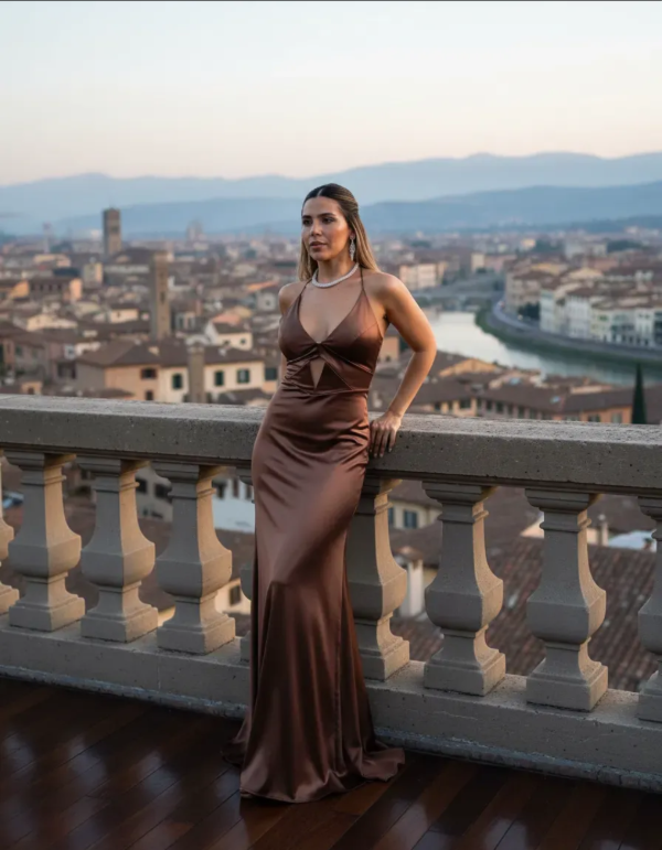 Producto - Vestido Largo Satinado con Tajo y Escote Cut Out