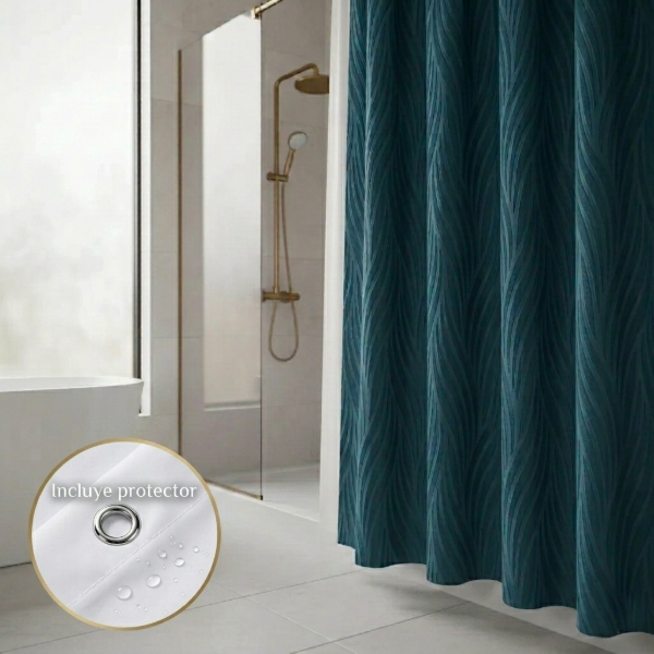 Producto - Cortina de baño Tela con textura 3D Ondas + Protector y Ganchos