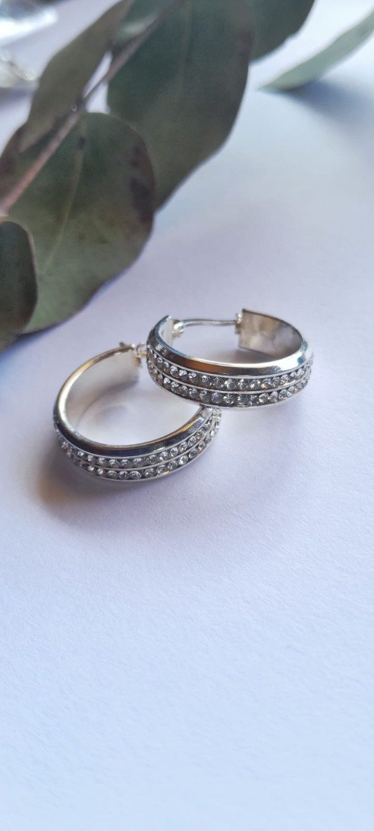 Producto - Aros acero blanco argolla doble strass 7mm