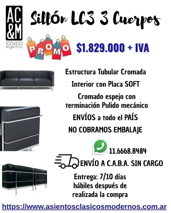 Producto - Sillón Sofá LC3 GRAND CONFORT 3 Cuerpos, Estructura Tubular Cromada!!