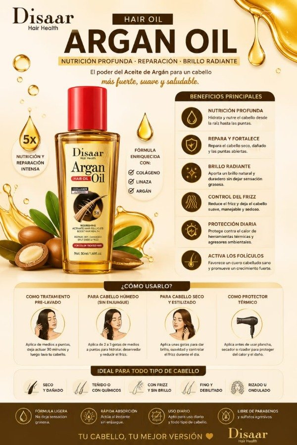 Producto - Aceite de Argán Disaar Hair Health Nutrición, Reparación y Brillo