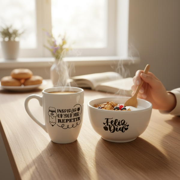 Producto - SET DE TAZA MAS CUENCO DE CERAMICA VITRIFICADA DIA DEL MAESTRO