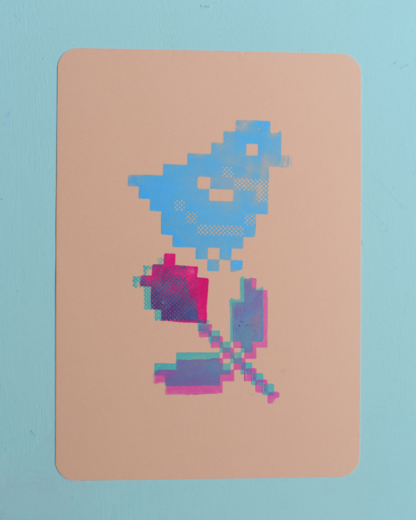 Producto - PAJARITO y rosa - Monocopia - pastel celeste