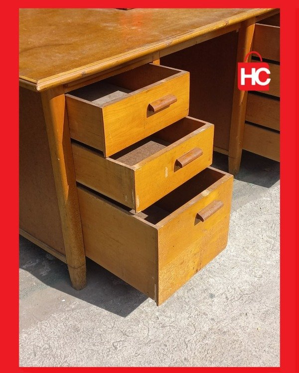 Producto - Gran escritorio de oficina vintage en madera con doble cajonera - 7