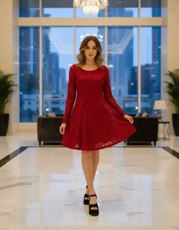 Vestido corto manga larga de encaje