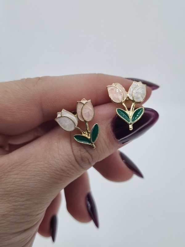 Producto - Aros acero dorado pasante doble tulipanes esmalt