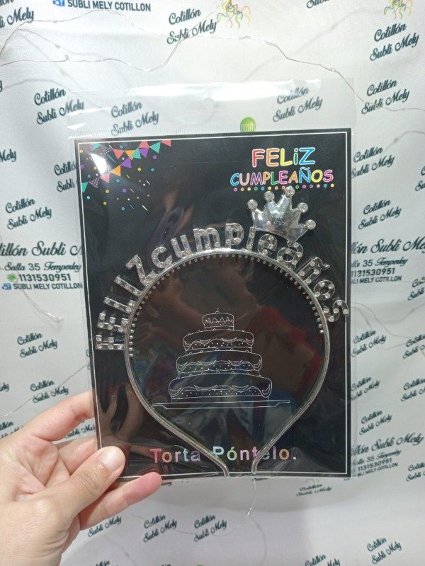 Producto - VINCHA FELIZ CUMPLEAÑOS PRINCESA STRASS PLATEADA
