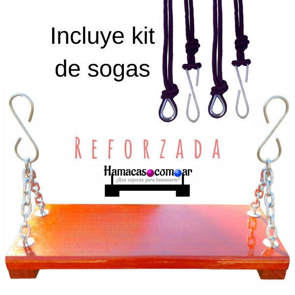 Producto - Hamaca de madera y cadenas con sogas largas lista para usar ENVÍO GRATIS