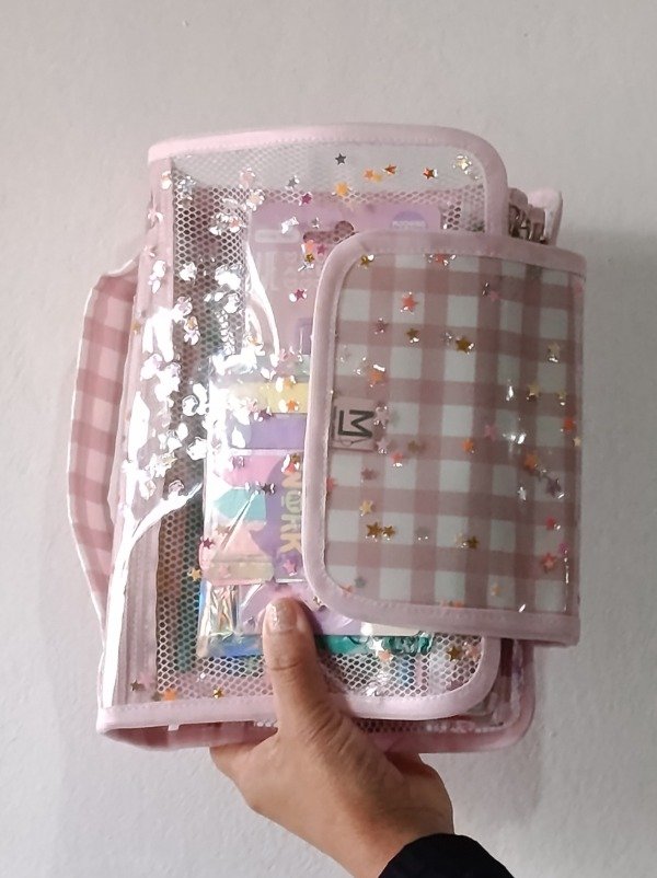 Producto - Cartu Jazmín transparente con detalles en cuadrillé rosa