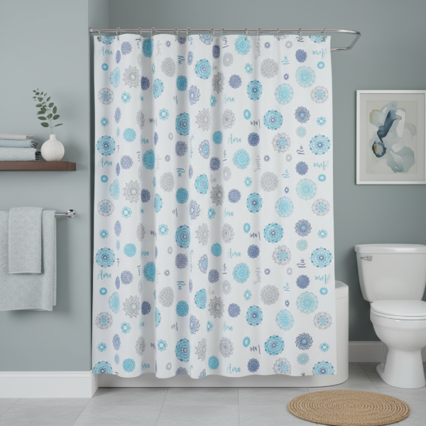Producto - CORTINA PARA BAÑO PREMIUM "MANDALA CELESTE" + PROTECTOR Y GANCHOS