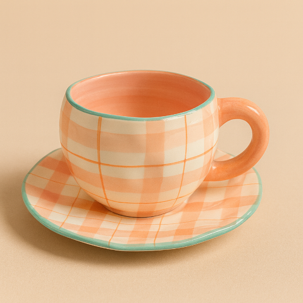 Producto - Taza de Cerámica con Plato Diseño cuadrillé Durazno