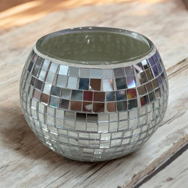 Producto - PORTAVELA MOSAICO PLATEADA VIDRIO 9X9CM FG220001