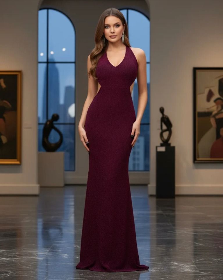 Vestido largo de lurex brilloso con recorte y espalda baja