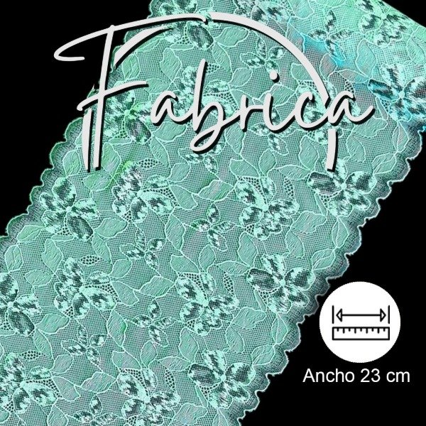 Producto - PS177 Puntilla flores verde agua y negro. Medida: 23cm (por metro)