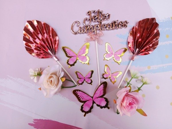 Producto - Set feliz cumple + hojas de palma rosa gold