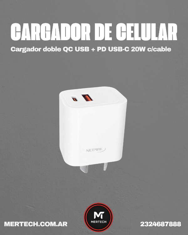 Producto - CARGADOR DE CELULAR NETMAK TIPO C (Sin cable)