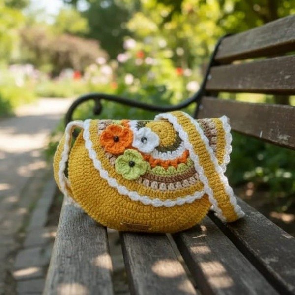 Producto - Cartera bandolera mostaza para niñas tejida crochet