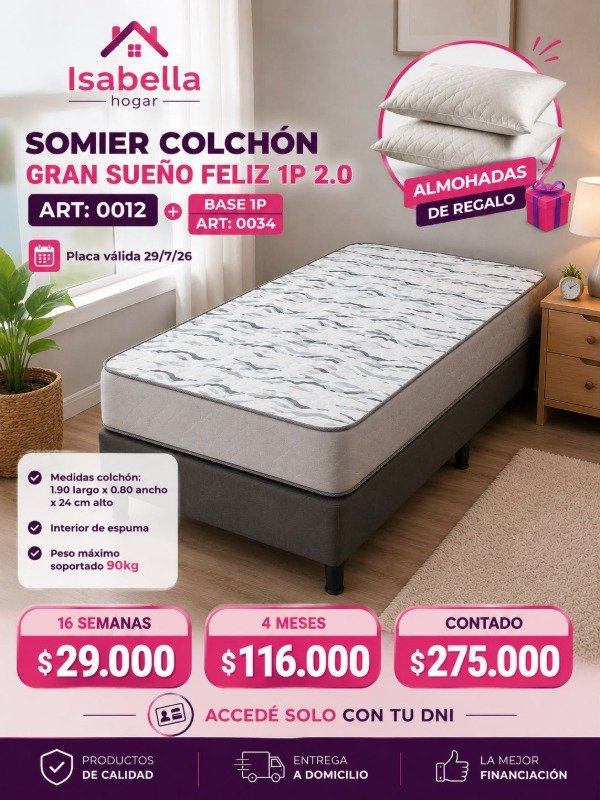 Producto - SOMIER COLCHON GRAN SUEÑO FELIZ 1P 2.0+BASE 1P+ALMOHADAS